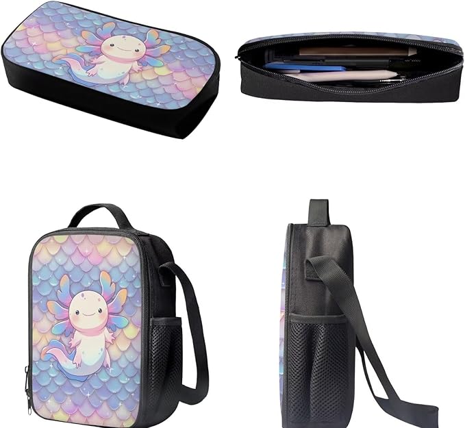 Dolyues Scale Cute Axolotl Cute Kids Backpack Set with Lunch Box & Pencil Case - 3-Piece School Bag for Primary Girls - Stylish Handbag & Pen Bag Included