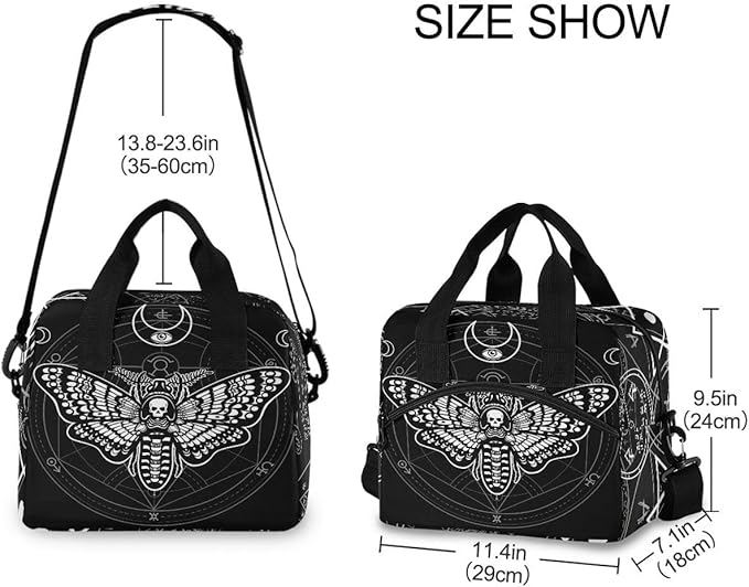MNSRUU Insulated Lunch Bag - Black Skull Moth Lunch Box with Adjustable Shoulder Strap - Reusable, Leakproof Cooler Bag for Work, School