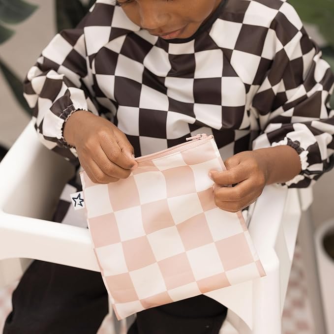 Tiny Twinkle 5 Pack Reusable Snack Bags - Machine Washable, PFAS, PVC, BPA, Phthalate-Free Reusable Baby and Toddler Food Safe Snack Bags (Checkers Pink Brown)