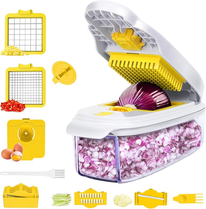 Vegetable Chopper - Veggie and Food Chopper Combo - Onion Chopper with Container - Mandoline Slicer for Kitchen, White/Yellow, HF5-02