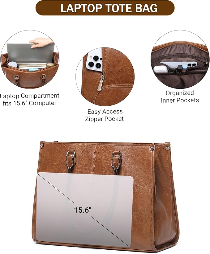 Laptop Tote Bag with Insulated Lunch Compartment for Women Work, PU Leather Lunch Bag with 15.6 Inch Computer Compartment