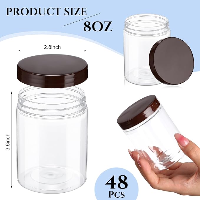 Aoriher 48 Pcs 8oz Plastic Mason Jars with Lids Round Clear Plastic Jars Containers Refillable Small Empty Storage Containers Food Canisters for Kitchen Storage(Brown)