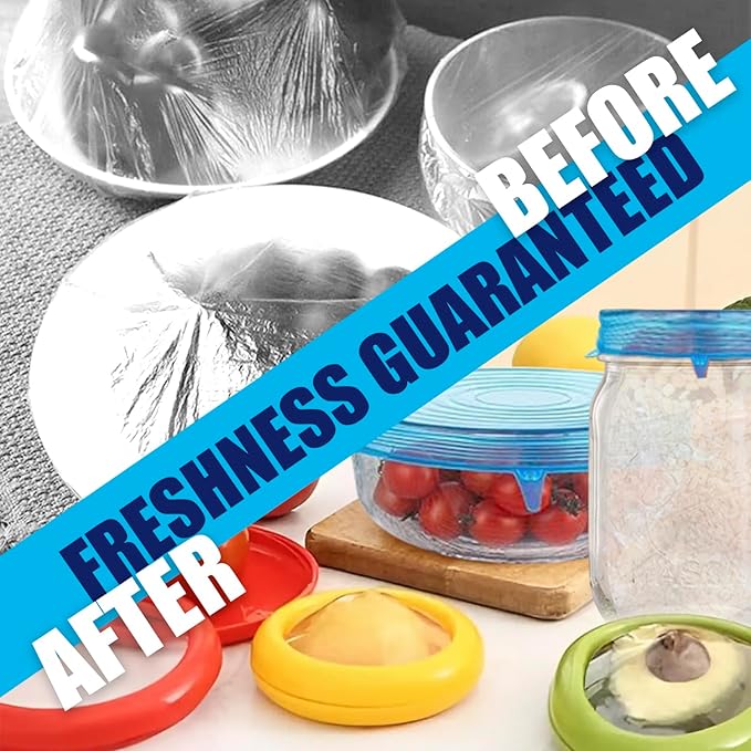 Fresh Guard - Set of 4 Reusable Storage Containers for Fridge - Anti-Oxidation - Avocado Saver and Tomato Holder + 6 Reusable Silicone Stretch Lids - Airtight, Leak-Proof for Bowls, Jars, Cans
