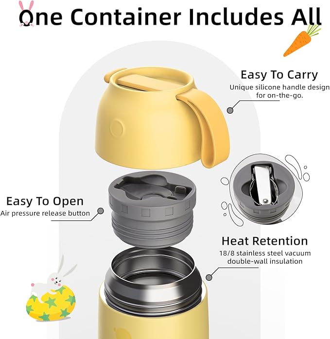 Thermo for Hot Food for Adults Kids | Wide Mouth, 18 oz Insulated Food Jar with Spoon, Leakproof Soup Thermo for School Office Travel, Thermal Steel Lunch Container Easy to Carry (Yellow)