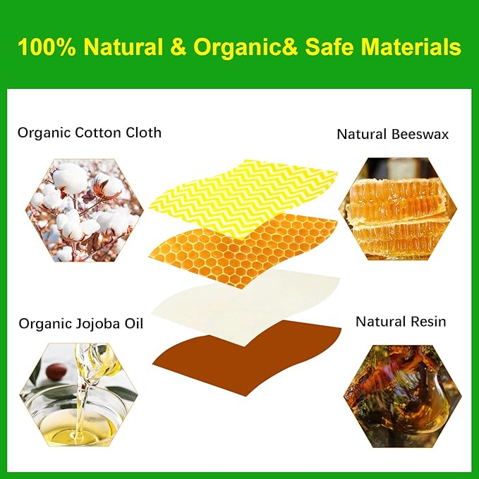 9 Pack Reusable Beeswax Food Wraps, Eco-Friendly Food Storage, Large, Medium and Small Food Wraps with 3 Sealing Strings