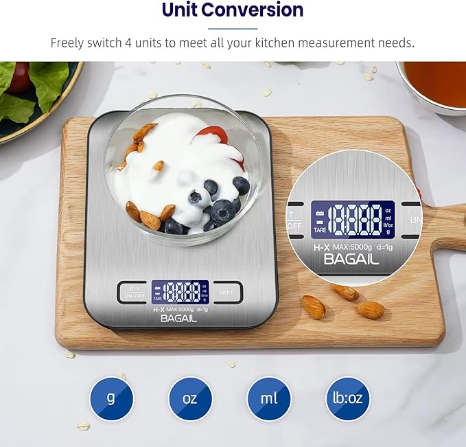 BAGAIL BASICS Digital Kitchen Scale, Premium Stainless Steel Food Scales Weight Grams and Oz for Baking and Cooking, 11lb/5kg with 0.1oz/1g Precision