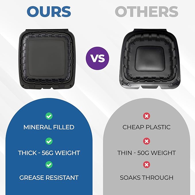 8" X 8" 3-Compartment To Go Food Take Out Containers Boxes With Lids | 50 Pack Microwaveable Black Mineral-Filled Disposable Togo Plates Clamshell Containers With Dividers For Lunch Home Carry Away