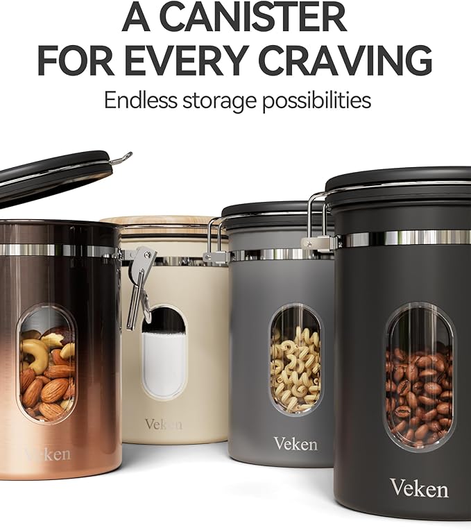 Veken Coffee Canister with Window, Coffee Lover Gift Set,Airtight Stainless Steel Kitchen Food Storage Container Gifts, Date Tracker & Scoop for Grounds Coffee,Beans,Tea,Flour,Cereal,Sugar,22OZ,Cream