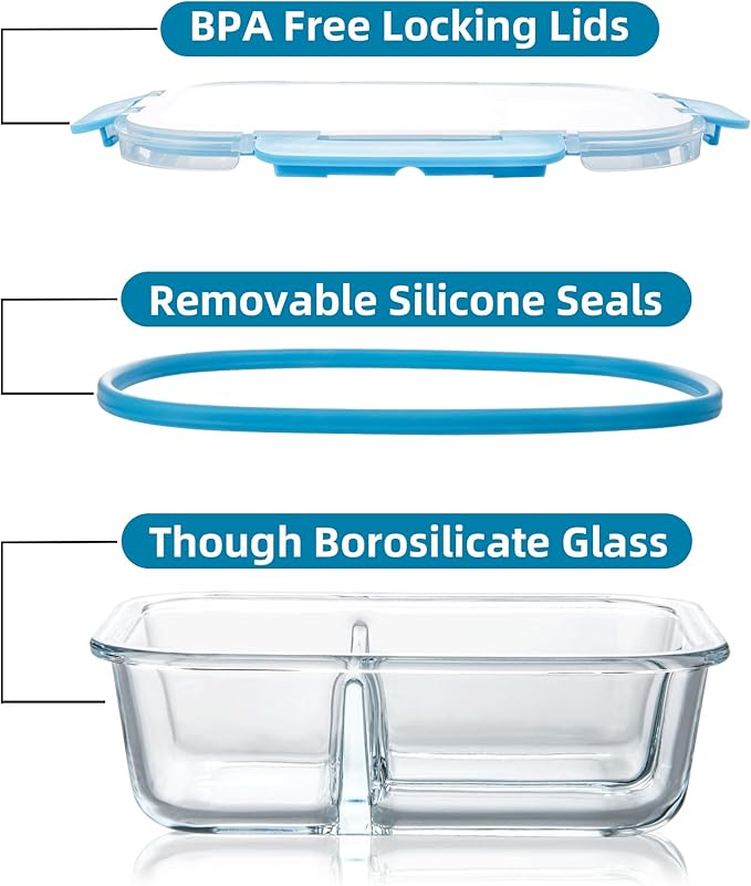 Glass Meal Prep Containers 3 Compartment with Lids (5 Pack, 36oz), Divided Glass Storage Containers for Lunch at Work, Leak-Proof Portion Control Food Containers, Microwave / Dishwasher Safe