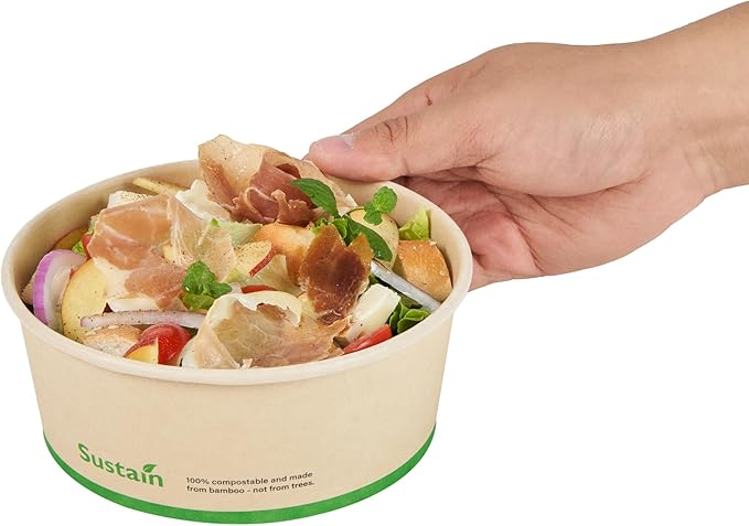 Restaurantware-Sustain 25 Ounce Sturdy Paper Take Out Boxes, 50 Round Take Out Food Containers - With PLA lining, Compostable, Bamboo Paper Containers, Disposable, Greaseproof