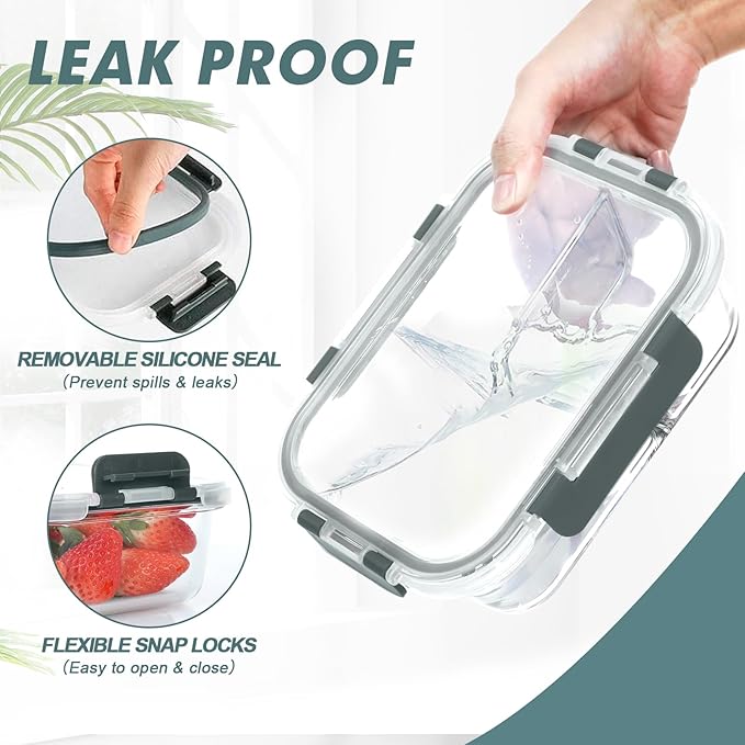 Glass Meal Prep Containers 3 Compartments, 5 Pack 36 oz, Glass Food Storage Containers with Lids, Airtight Lunch Bento Box, Portion Control, Freezer and Microwave Safe