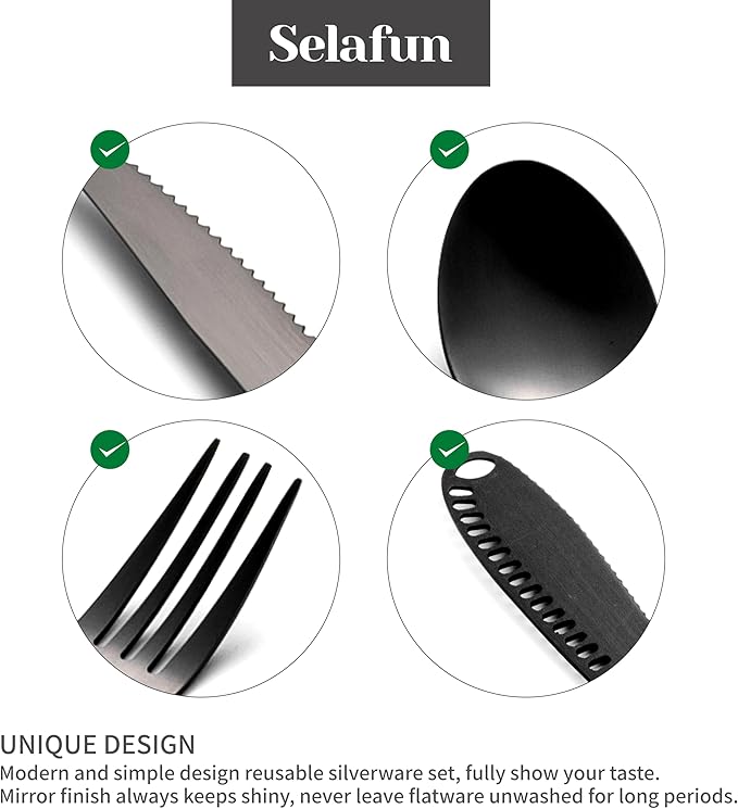 5-pieces Travel Set with Case Portable Silverware Utensils Set for work, Stainless Steel Reusable Flatware Set Cutlery Set for Camping Picnic Hiking Office, (matte black, 5.9)