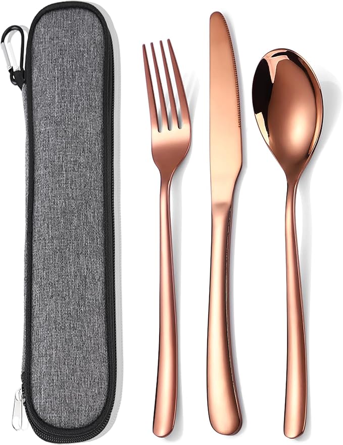 MURRI&MURRDI Stainless Steel Cutlery Set for 1, Reusable Flatware Set with Case, Cutlery Set for Work Stainless Steel Knife Fork Spoon Set 3 Piece (B- 3 Rose Gold)
