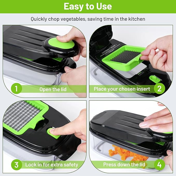 Vegetable Chopper with Large Container, 16-in-1 Multifunctional Food Chopper with 7 Blades, Mandoline Slicer Dicer Cutter for Kitchen, Grater Veggie (Green/Black)