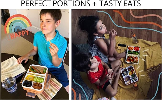 Kinsho Bento Box for Adults and Kids, Leakproof Lunch-Boxes with Custom Fit Spoon and Fork, Portion Control Container, BPA Free, Green + Orange, 5 Compartments, 2 Pack