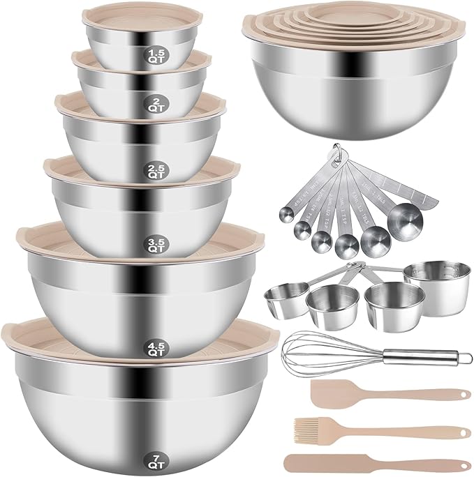 Mixing Bowls Set, 27PCS Khaki Mixing Bowls With Lids Set Stainless Steel Kitchen Large Nesting Metal Bowl 7QT to 1.5QT, Measuring Cups and Spoons for Prepping Cooking Serving