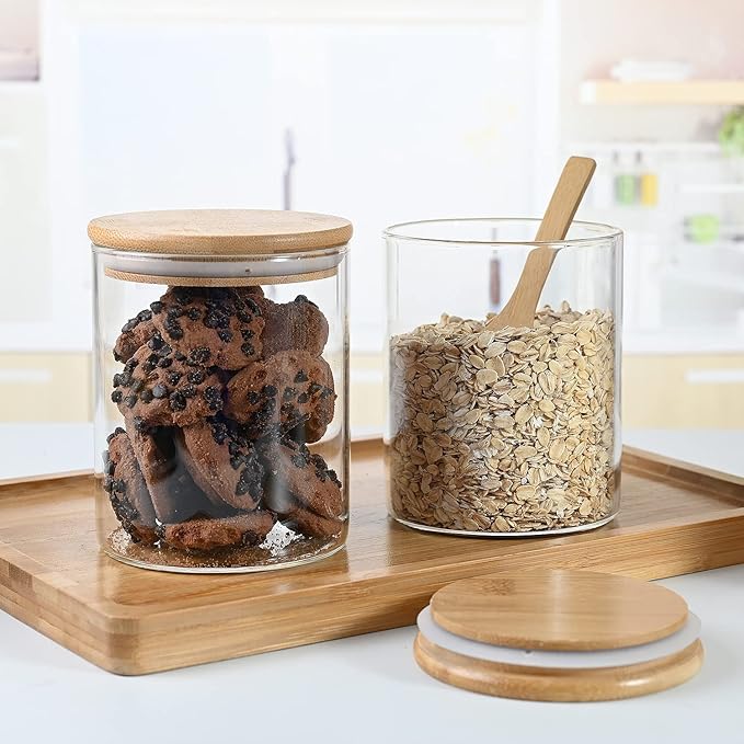 Glass Pantry Storage Containers, 27oz (6 Pack) Borosilicate Glass Food Jars with Airtight Bamboo Lids, 800ml Jar with 6 pcs Wooden Spoons