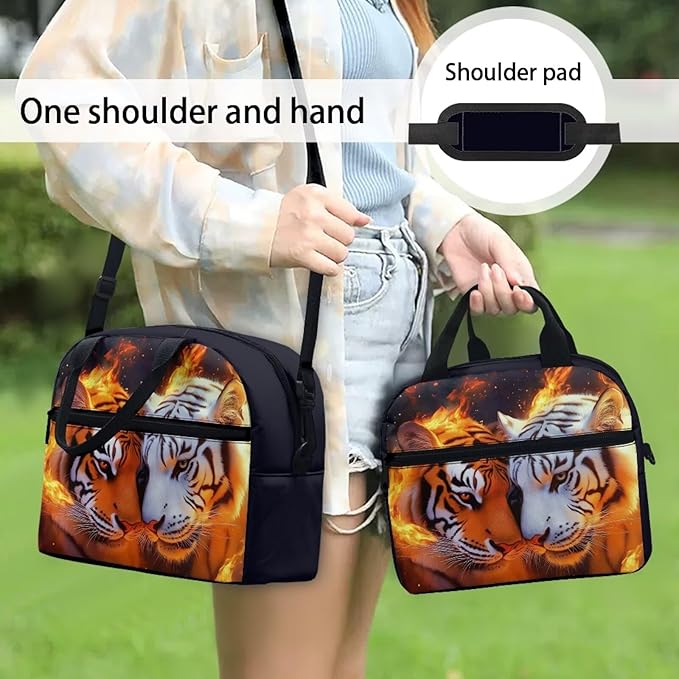 Showudesigns Fire Tiger Lunch Box for Teen Girls Middle School Kids Lunch Bag 10-12 12-14 Insulated Lunchbox Purse with Adjustable Shoulder Strap Thermal Meal Organizer Black