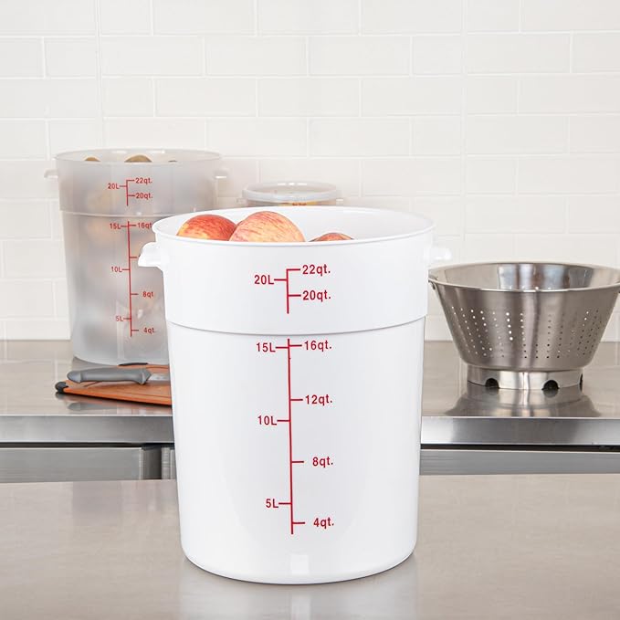 Restaurantware-Met Lux 22 Quart Food Storage Containers, 10 White Storage Containers - Lids Sold Separately, Red Volume Markers, Dishwashable Containers, Side Handles, For Storing Foods