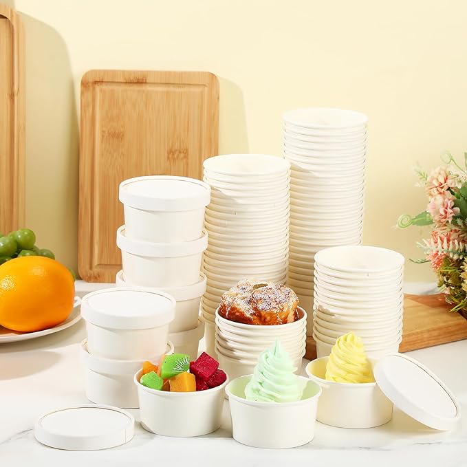 Fulmoon 100 Pack Paper Soup Containers with Lids Disposable Paper Food Containers with Vented Lids Kraft Ice Cream Bowls Soup Cup Ice Cream Cups for Restaurants(4 oz,White)