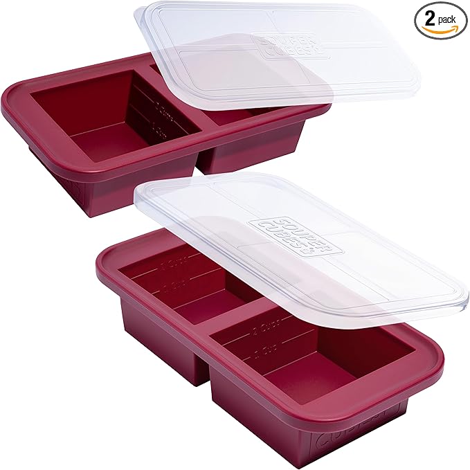 Souper Cubes 2 Cup Silicone Freezer Tray with Lids, Perfect for Storing Lasagna, Leftovers, Sauces, Portioned Meals and More, Silicone Soup Freezer Molds for Meal Prepping - Cranberry - 2-Pack