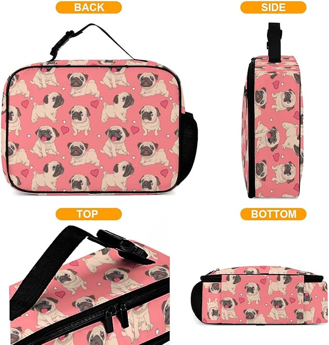 Pugs Puppies Reusable Lunch Box Insulated Lunch Bag Cooler Bag Lunchbox Meal Food Container Tote Bag for Women Kids Girls School Camping Hiking Picnic Beach Travel
