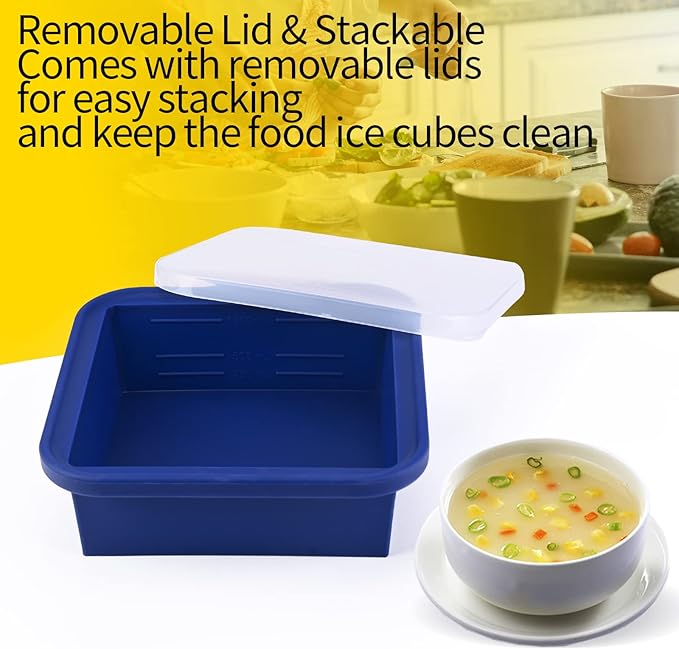 4 Cup Silicone Freezer Tray with Lid 1 Pack Silicone Soup Freezer Molds Easy Release Molds for Food Storage & Freeze Soup, Broth, Stew or Sauce