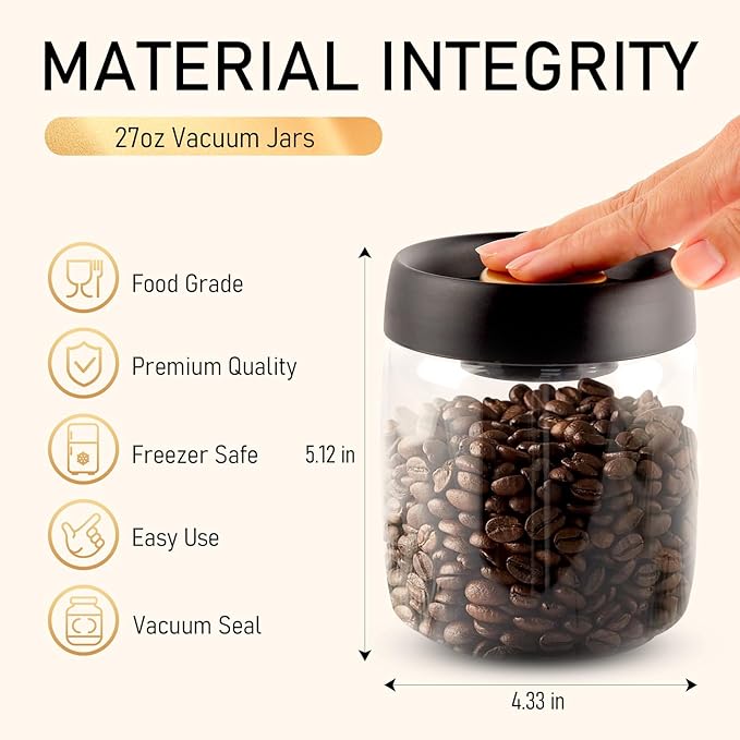 Coffee Vacuum Container Mason Jars: Food Coffee Bean Storage Containers with Lids Airtight, Plastic Wide Mouth Mason Jars Vacuum Sealer, Manual Vacuum Extraction Sealed Tank, 800ml