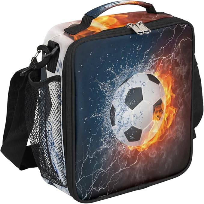 Bardic Fire Soccer Ball Lunch Box for Kids, Sports Football Insulated Bag Boys Girls, Reusable Waterproof with Adjustable Shoulder Strap Cooler Tote School, Work, Picnic, One Size