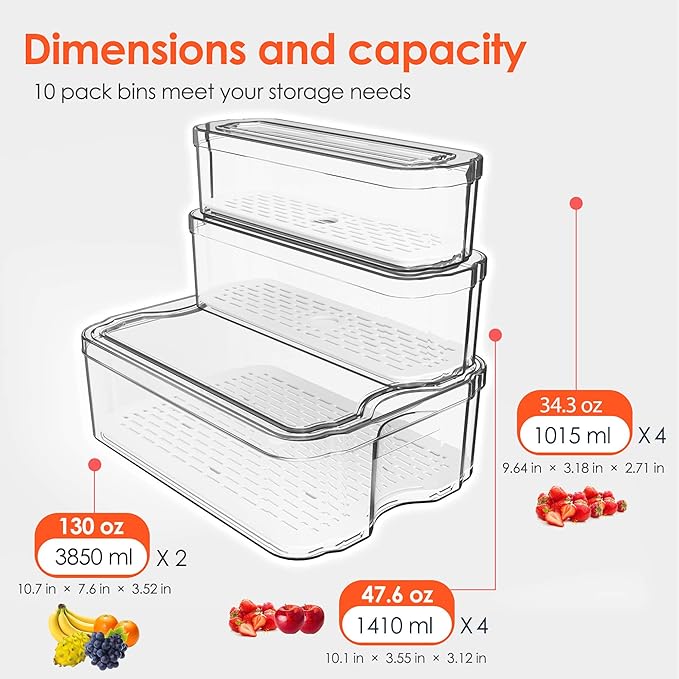 Fridge Organizers and Storage, 10 Pack Clear Freezer Organizer Bins with Lids for Kitchen, Pantry, Refrigerator, Food, Fruit, Vegetable Storage