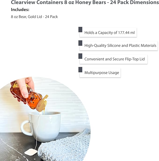 24 Pack of 8 Ounce Honey Bears with Sealable Gold Flip Top Lids (8 oz. Bear, 24pk, Gold)