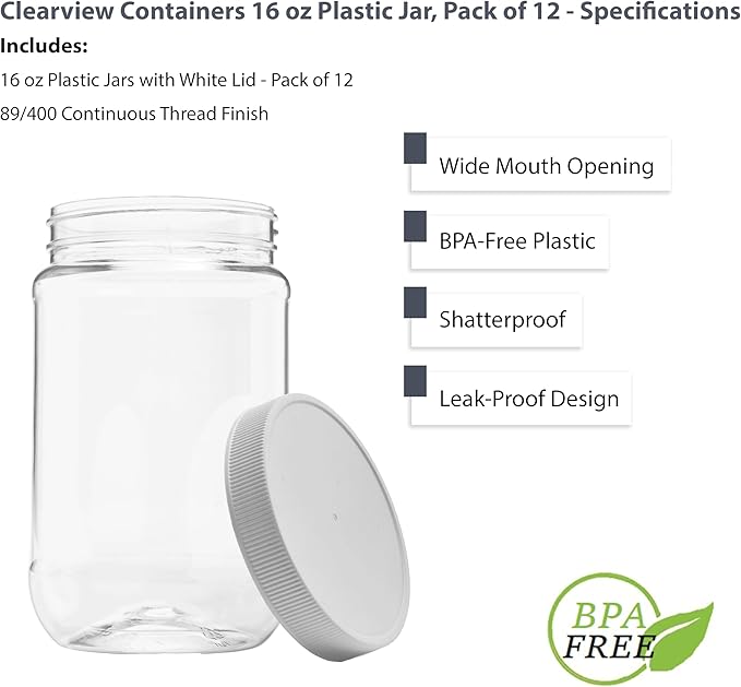 12 Pack of 16 Ounce Plastic Pint Jars with 70RG Leak Proof Seal Lid - Food Grade and BPA Free (16oz, 12pk)