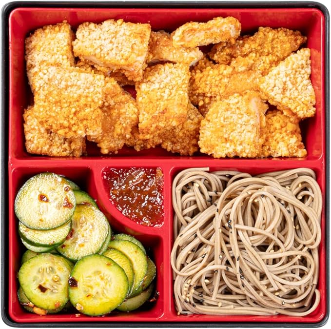Restaurantware-8.3 x 2.2 Inch Compartment Lunch Container, 1 Japanese Style Adult Lunch Container - With 4 Compartments, Greaseproof, Black & Red Plastic Divided Lunch Box, For Hot & Cold Food