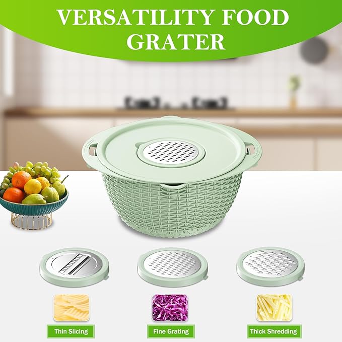 4 in 1 Colander with Bowl Set, Food Strainers and Colanders, Colander for Kitchen, Pasta Strainer, Fruit and Veggie Washer, Fruit Washing Bowl with Strainer, Kitchen Essentials Set, Green