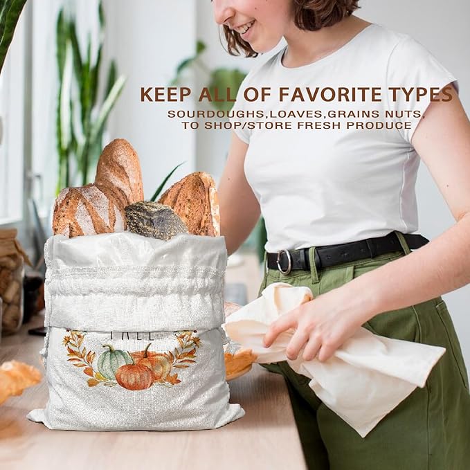Pumplkin Homemade Bread Bag Box Pouches 2Pcs, Fall Sourdough Baking Supplies, Autumn Linen Reusable Kitchen Bag 15.511.8, Drawstring Closure, Fall Gifts for Women