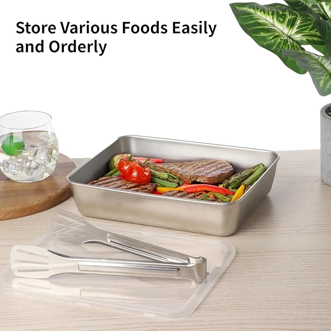 Breading Trays Set of 3, 10 x 8 x 2 Inches Large Stainless Steel Breading Pans for Cooking with Lids & Tong, Food Containers for Dredging Chicken Breasts and Marinating Meat, Food Prep Holders