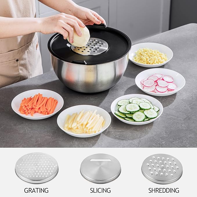 Velaze Mixing Bowls Set of 5, Stainless Steel Nesting Bowls with Airtight Lids, 3 Grater Attachments, Non-Slip Bottom & Measurement Marks, Size 5, 3, 2, 1.5, 1 QT for Mixing & Prepping