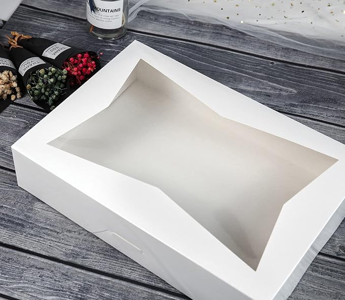 15-PACK White Pastry Bakery Box 16x11x2.75inch,Large Donuts,Muffins,Cookies Boxes with PVC Window Auto-Pop up Paper Box Nature Cardboard Take Out Container,Hold 12 Donuts,Pack of 15