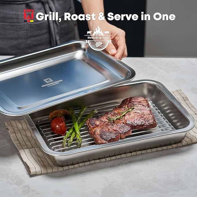 Stainless Steel Food Prep Container with Rack & Lid (Tray), 3.7Quarts, Catering Pans, Restaurant Pans, Buffet Party Pan, Roasting Pan with Rack, Bakeware Roaster, Casserole (1304 / No4)