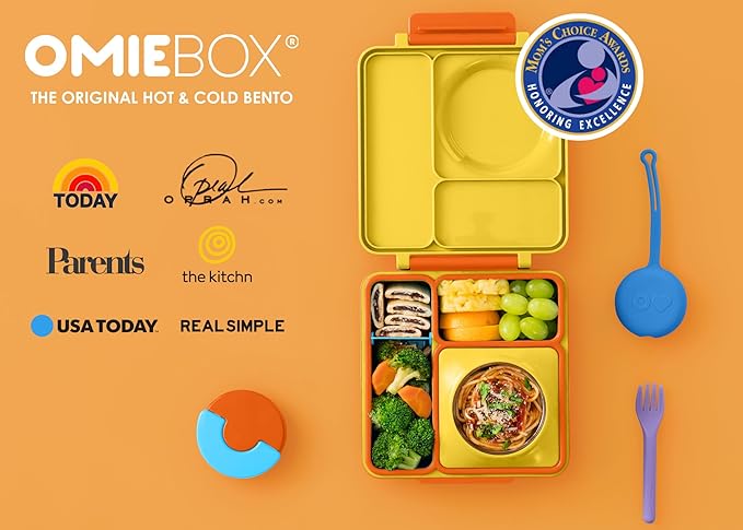 OmieBox Bento Box for Kids - Insulated Bento Lunch Box with Leak Proof Food Jar - 3 Compartments, Two Temperature Zones - (Sunshine)