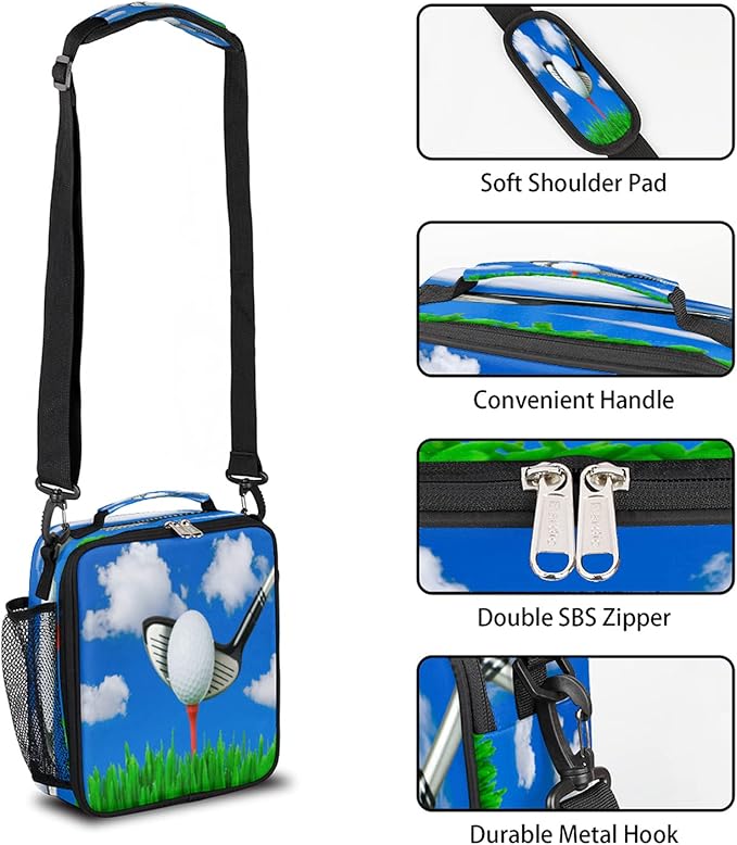 Kids Lunch Box Golf Ball Print Insulated Lunch Bag Tote for Girls Boys, Cooler Freezable Meal Prep Bag with Shoulder Strap Waterproof Lunch Container for School Office Picnic