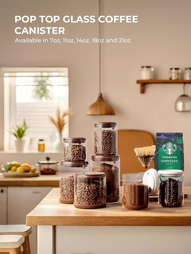 Glass Coffee Bean Jar 900 ml – Pop Top Air Tight Coffee Bean Container with CO2 Valve, 11 Oz Coffee Storage Airtight Canister, Brown