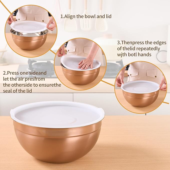 Rose Gold Mixing Bowls With Airtight Lids,Stainless Steel Bowl,Salad Bowls 5 Piece Colorful Nesting Bowl Gold Kitchen Accessories,Size 5.5,3.6,2.7,2.1,1.5QT Stackable Design