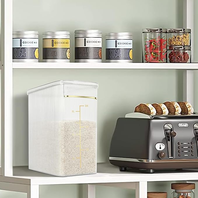 Rice Storage Container 15-20 Lbs, Tall & Narrow Food Storage Container with Measuring Scoop for Dry Goods Rice Flour Pet Food Bath Salt Storage, Clear Plastic Bin with Lid for Pantry Storage