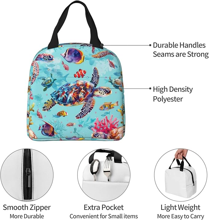 Blue Ocean Insulated Lunch Bag for Women Men Reusable Cooler Nautical Lunch Tote Bag with Front Pocket for Hiking Picnic Travel Office