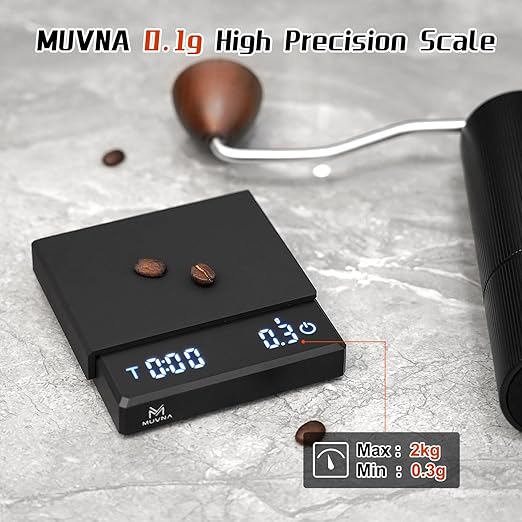 0.1g High Precision Digital Mini Coffee Scale, 0.3g to 2kg Measuring Range Rechargeable Espresso Mini Scale with Tare Function, LED Display (Black, ABS)