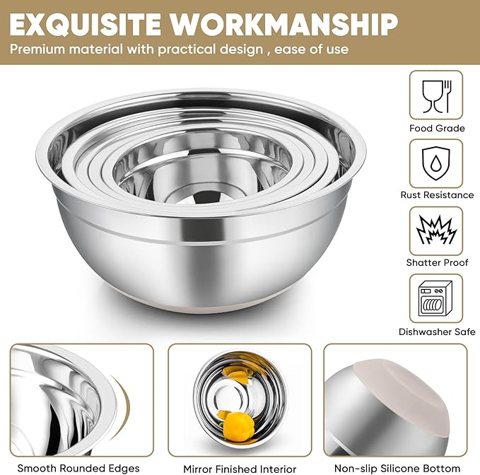 TeamFar Khaki Mixing Bowls, Stainless Steel Metal Nesting Salad Bowls with Airtight Lids Set of 5, Healthy & Heavy Duty, Non-slip Bottom & Airtight Lid, 7/3.5/2.5/1.5/1 QT