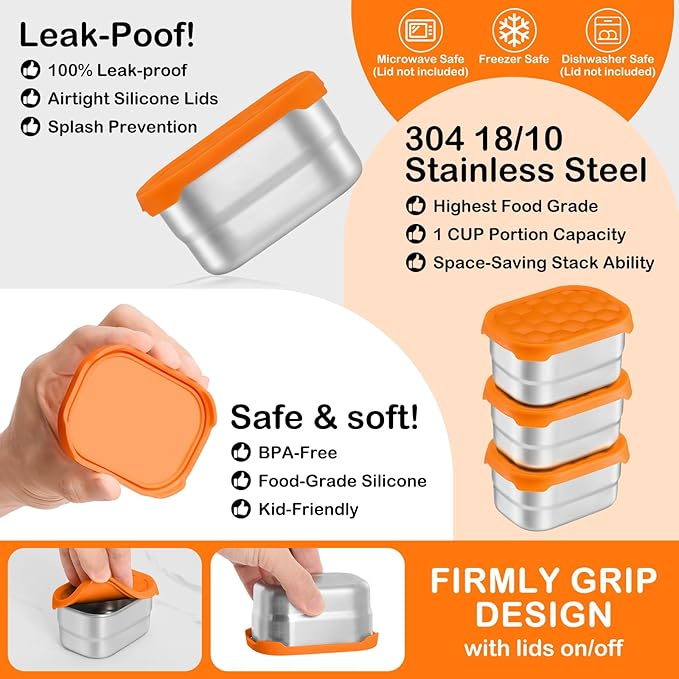 Leonyo 18/10 Stainless Steel Snack Containers for Kids and Toddlers, 8oz Lunch Containers with Silicone Lids, Metal Toddler Lunch Box for Daycare and School, Easy Open Leak Proof