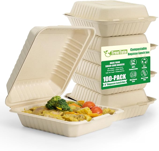 [8”X8” 100-Pack Compostable Clamshell Take Out Food Containers with Lid, Disposable Heavy-Duty To Go Containers Lunch Box, Eco-Friendly Biodegradable Bagasse To Go Boxes for Restaurant,Party
