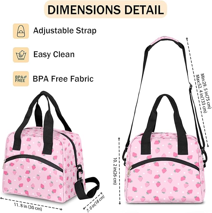 Pardick Pink Strawberry Insulated Lunch Bag Polka Dot Lunch Box for Women Girl with Shoulder Strap Tote Bag Reusable Large Containers Meal Prep for School Work Travel Picnic Thermal Cooler Bag